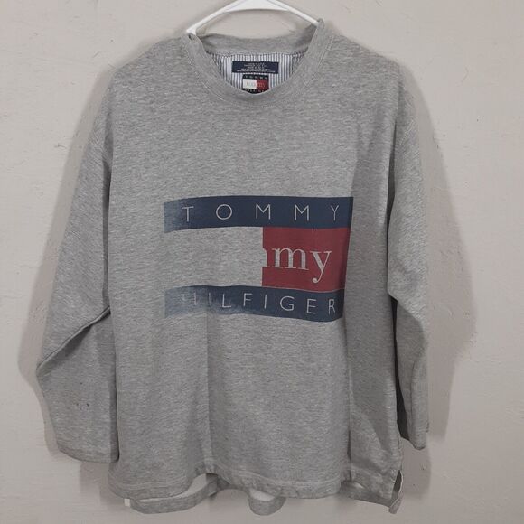 Vtg Tommy Hilfiger Adult Mens L Gray USA Made Crew Neck Sweatshirt Double Sided - Picture 1 of 12